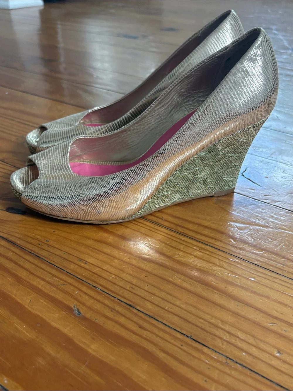 Lilly Pulitzer Metallic Gold Peep-Toe Wedge with Pink Insole